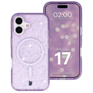 Etui brokatowe z pierścieniem magnetycznym Bizon Case SparklO do iPhone 17, przezroczysto-fioletowe z brokatem