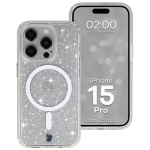 Etui brokatowe z pierścieniem magnetycznym Bizon Case SparklO do iPhone 15 Pro, przezroczyste z brokatem
