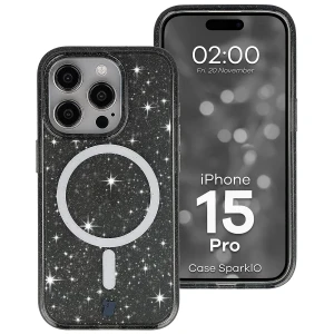 Etui brokatowe z pierścieniem magnetycznym Bizon Case SparklO do iPhone 15 Pro, przezroczysto-czarne z brokatem