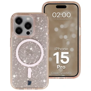 Etui brokatowe z pierścieniem magnetycznym Bizon Case SparklO do iPhone 15 Pro, przezroczysto-jasnopomarańczowe z brokatem