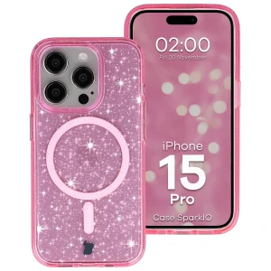 Etui brokatowe z pierścieniem magnetycznym Bizon Case SparklO do iPhone 15 Pro, przezroczysto-różowe z brokatem