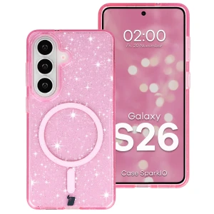 Etui brokatowe z pierścieniem magnetycznym Bizon Case SparklO do Galaxy S26, przezroczysto-różowe z brokatem