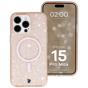 Etui brokatowe z pierścieniem magnetycznym Bizon Case SparklO do iPhone 15 Pro Max, przezroczysto-jasnopomarańczowe z brokatem