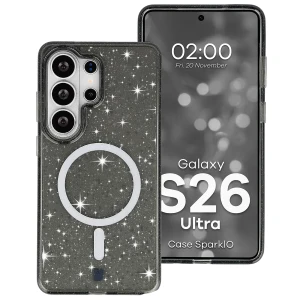 Etui brokatowe z pierścieniem magnetycznym Bizon Case SparklO do Galaxy S26 Ultra, przezroczysto-czarne z brokatem