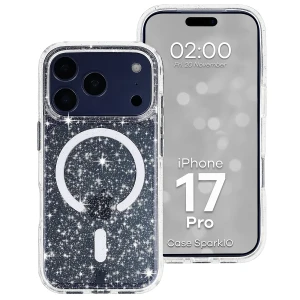 Etui brokatowe z pierścieniem magnetycznym Bizon Case SparklO do iPhone 17 Pro, przezroczyste z brokatem