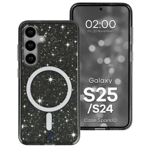 Etui brokatowe z pierścieniem magnetycznym Bizon Case SparklO do Galaxy S25 / S24, przezroczysto-czarne z brokatem