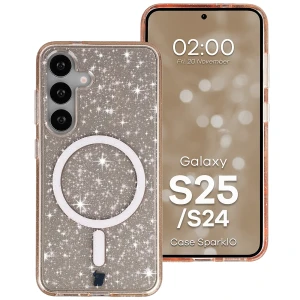 Etui brokatowe z pierścieniem magnetycznym Bizon Case SparklO do Galaxy S25 / S24, przezroczysto-jasnopomarańczowe z brokatem