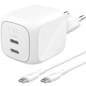 Ładowarka sieciowa 2x USB-C PD 3.0, Belkin Boost Pro GaN 50W + kabel USB-C, biała