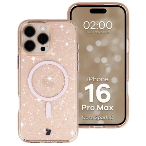 Etui brokatowe z pierścieniem magnetycznym Bizon Case SparklO do iPhone 16 Pro Max, przezroczysto-jasnopomarańczowe z brokatem