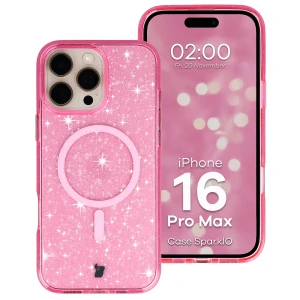 Etui brokatowe z pierścieniem magnetycznym Bizon Case SparklO do iPhone 16 Pro Max, przezroczysto-różowe z brokatem