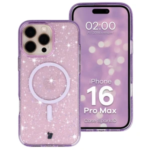 Etui brokatowe z pierścieniem magnetycznym Bizon Case SparklO do iPhone 16 Pro Max, przezroczysto-fioletowe z brokatem