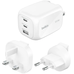Ładowarka sieciowa 2x USB-C, USB-A, 100W, Belkin Boost Pro 3-Port GaN Charger US / UK / EU, biała