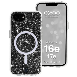 Etui brokatowe z pierścieniem magnetycznym Bizon Case SparklO do iPhone 17e / 16e, przezroczyste z brokatem