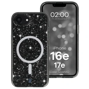 Etui brokatowe z pierścieniem magnetycznym Bizon Case SparklO do iPhone 17e / 16e, przezroczysto-czarne z brokatem