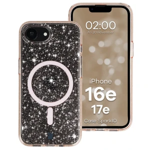 Etui brokatowe z pierścieniem magnetycznym Bizon Case SparklO do iPhone 17e / 16e, przezroczysto-jasnopomarańczowe z brokatem