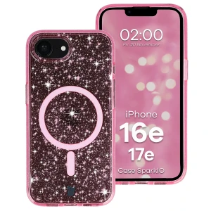 Etui brokatowe z pierścieniem magnetycznym Bizon Case SparklO do iPhone 17e / 16e, przezroczysto-różowe z brokatem