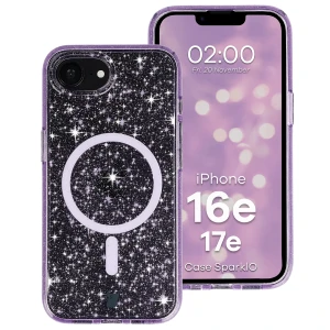 Etui brokatowe z pierścieniem magnetycznym Bizon Case SparklO do iPhone 17e / 16e, przezroczysto-fioletowe z brokatem