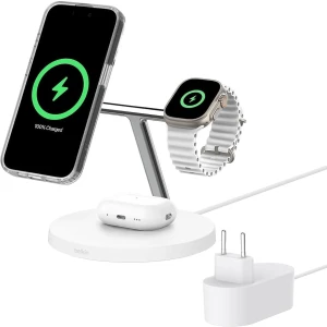 OUTLET: Ładowarka indukcyjna Belkin Boost Pro 3-in-1 Qi2 15W dla Apple Watch / AirPods / iPhone z MagSafe +PSU WIZ032, biała