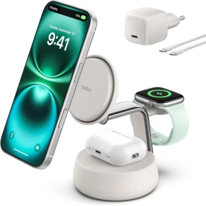 OUTLET: Ładowarka indukcyjna Belkin Ultra Charge Pro 3-in-1 Qi2.2 25W dla Apple Watch / AirPods / iPhone z MagSafe +PSU WIZ040, beżowa