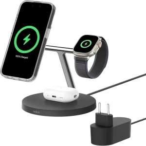 OUTLET: Ładowarka indukcyjna Belkin Boost Pro 3-in-1 Qi2 15W dla Apple Watch / AirPods / iPhone z MagSafe +PSU WIZ032, czarna