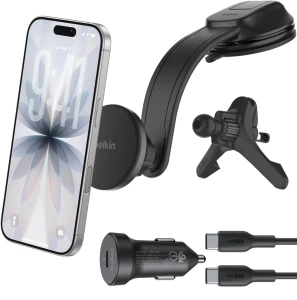 Uchwyt samochodowy magnetyczny Belkin Boost Magnetic Charging Car Qi2 15W Vent Dash Mount MagSafe + ładowarka samochodowa 27W, czarny