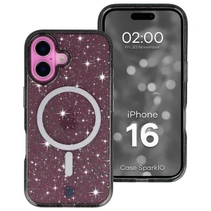 Etui brokatowe z pierścieniem magnetycznym Bizon Case SparklO do iPhone 16, przezroczysto-czarne z brokatem