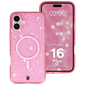 Etui brokatowe z pierścieniem magnetycznym Bizon Case SparklO do iPhone 16 Plus, przezroczysto-różowe z brokatem