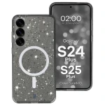 Etui brokatowe z pierścieniem magnetycznym Bizon Case SparklO do Galaxy S25 Plus / S24 Plus, przezroczysto-czarne z brokatem