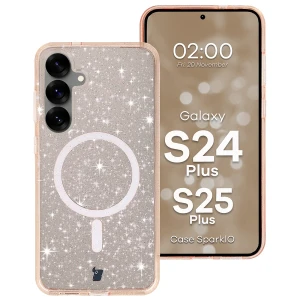 Etui brokatowe z pierścieniem magnetycznym Bizon Case SparklO do Galaxy S25 Plus / S24 Plus, przezroczysto-jasnopomarańczowe z brokatem