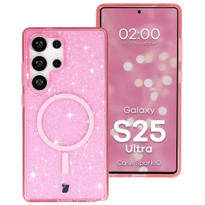Etui brokatowe z pierścieniem magnetycznym Bizon Case SparklO do Galaxy S25 Ultra, przezroczysto-różowe z brokatem