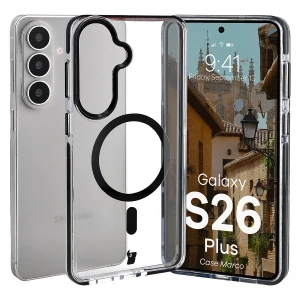 Etui z pierścieniem magnetycznym Bizon Case Marco do Galaxy S26 Plus, przezroczyste z czarną ramką