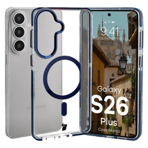 Etui z pierścieniem magnetycznym Bizon Case Marco do Galaxy S26 Plus, przezroczyste z niebieską ramką