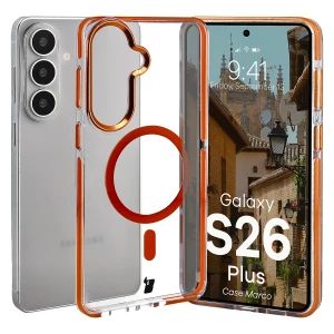 Etui z pierścieniem magnetycznym Bizon Case Marco do Galaxy S26 Plus, przezroczyste z pomarańczową ramką
