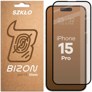 Matowe szkło hartowane Bizon Glass Matte do iPhone 15 Pro, czarna ramka