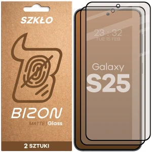 Matowe szkło hartowane Bizon Glass Matte Duo do Galaxy S25, czarna ramka, 2 sztuki