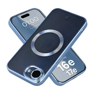 Etui z ochroną aparatu i pierścieniem magnetycznym Bizon Case GuardO do iPhone 17e / 16e, przezroczysto-niebieskie