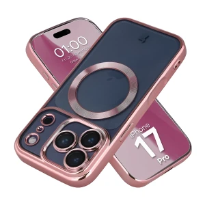 Etui z ochroną aparatu i pierścieniem magnetycznym Bizon Case GuardO do iPhone 17 Pro, przezroczysto-różowe
