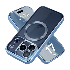 Etui z ochroną aparatu i pierścieniem magnetycznym Bizon Case GuardO do iPhone 17 Pro, przezroczysto-niebieskie