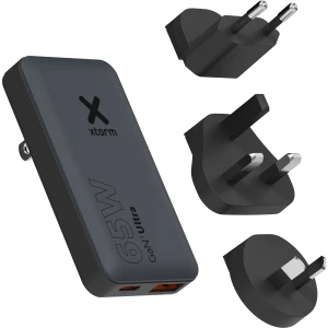 OUTLET: Ładowarka sieciowa turystyczna GaN USB-C PD, USB-A, 65W, Xtorm Fast Travel Charger, adaptery UK typ G / USA typ A / AUS typ I / EU typ C, czarna