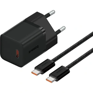 Ładowarka sieciowa Baseus GaN5 Fast Charger Mini, 30W, 1x USB-C + kabel z oplotem USB-C, czarna
