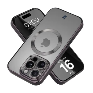 Etui z ochroną aparatu i pierścieniem magnetycznym Bizon Case GuardO do iPhone 16 Pro, przezroczysto-czarne