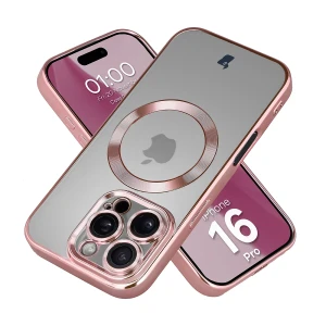 Etui z ochroną aparatu i pierścieniem magnetycznym Bizon Case GuardO do iPhone 16 Pro, przezroczysto-różowe