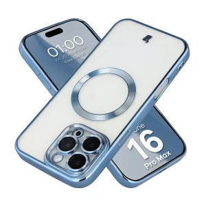 Etui z ochroną aparatu i pierścieniem magnetycznym Bizon Case GuardO do iPhone 16 Pro Max, przezroczysto-niebieskie