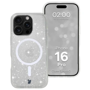 Etui brokatowe z pierścieniem magnetycznym Bizon Case SparklO do iPhone 16 Pro, przezroczyste z brokatem