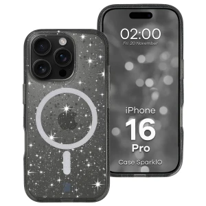 Etui brokatowe z pierścieniem magnetycznym Bizon Case SparklO do iPhone 16 Pro, przezroczysto-czarne z brokatem