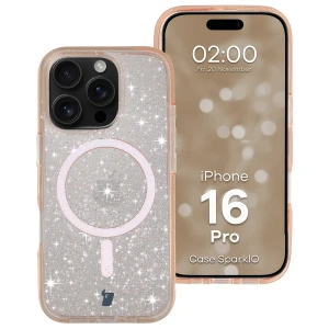 Etui brokatowe z pierścieniem magnetycznym Bizon Case SparklO do iPhone 16 Pro, przezroczysto-jasnopomarańczowe z brokatem