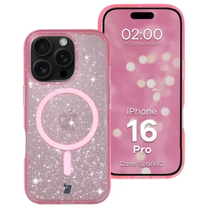 Etui brokatowe z pierścieniem magnetycznym Bizon Case SparklO do iPhone 16 Pro, przezroczysto-różowe z brokatem