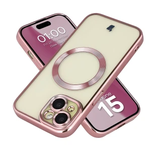 Etui z ochroną aparatu i pierścieniem magnetycznym Bizon Case GuardO do iPhone 15, przezroczysto-różowe