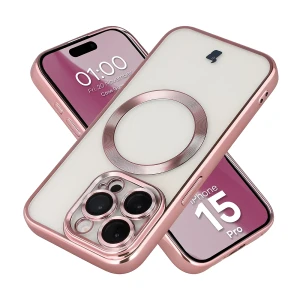Etui z ochroną aparatu i pierścieniem magnetycznym Bizon Case GuardO do iPhone 15 Pro, przezroczysto-różowe