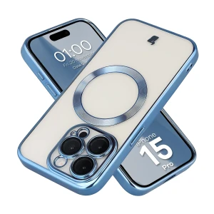 Etui z ochroną aparatu i pierścieniem magnetycznym Bizon Case GuardO do iPhone 15 Pro, przezroczysto-niebieskie